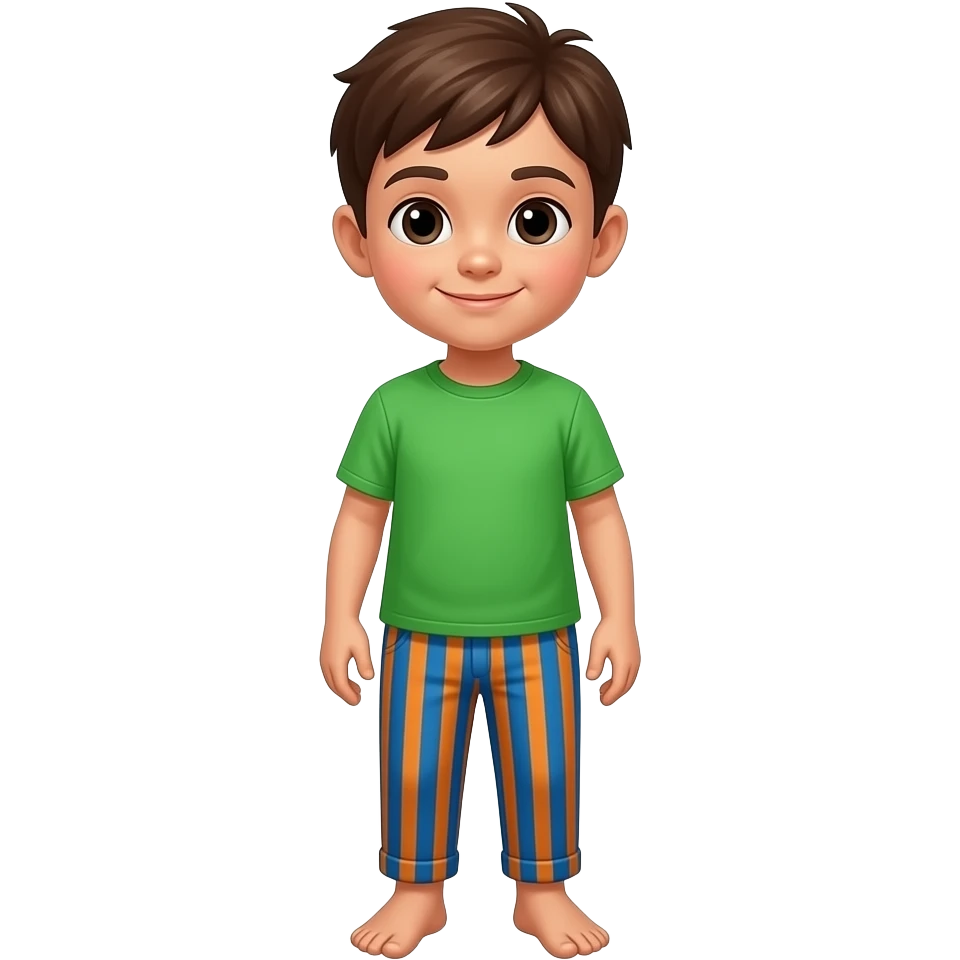 Kid wearing a green shirt and blue and orange stripes pants no shoes emoji