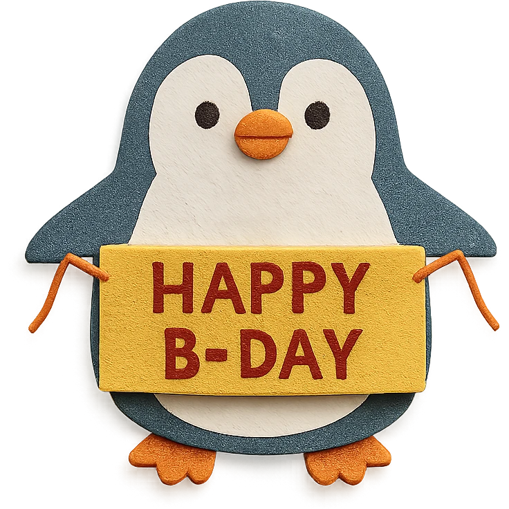 penguin holding a "Happy B-Day" banner, paper-craft style emoji