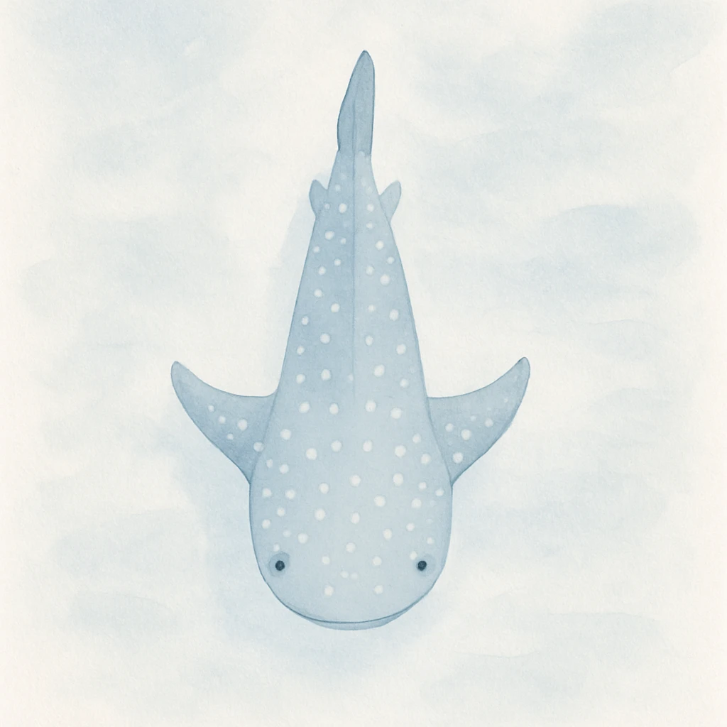 watercolor illustration of a whale shark from a bird's eye view, soft blue and gray tones, gentle expression, ocean background, artistic brushstrokes emoji