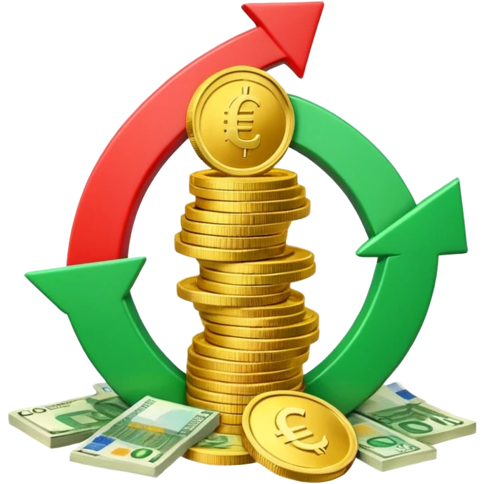 3D euro coins and banknotes stack, green upward arrow and red downward arrow, 
money flowing in and out, gold and silver coins, transparent background, 
emoji style, realistic, balanced composition emoji