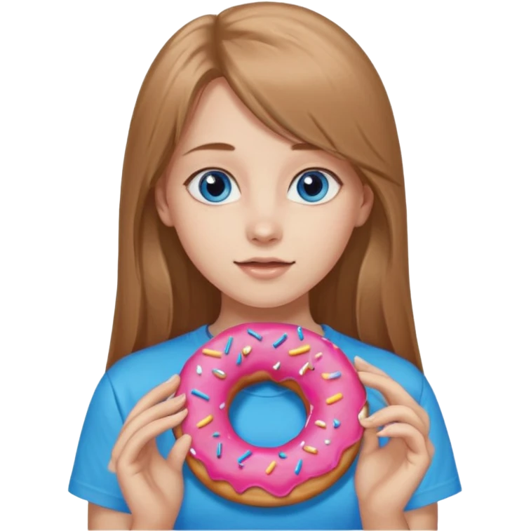 una ragazza dall‘ età di 19 anni con capelli castani chiaro lunghi e lisci ,  occhi celesti,  con addosso una maglietta con una ciambella senza orecchini  emoji