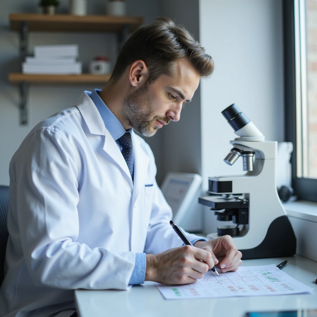 realistic doctor noting fecal analysis results on a form, microscope and slides on table, modern laboratory emoji