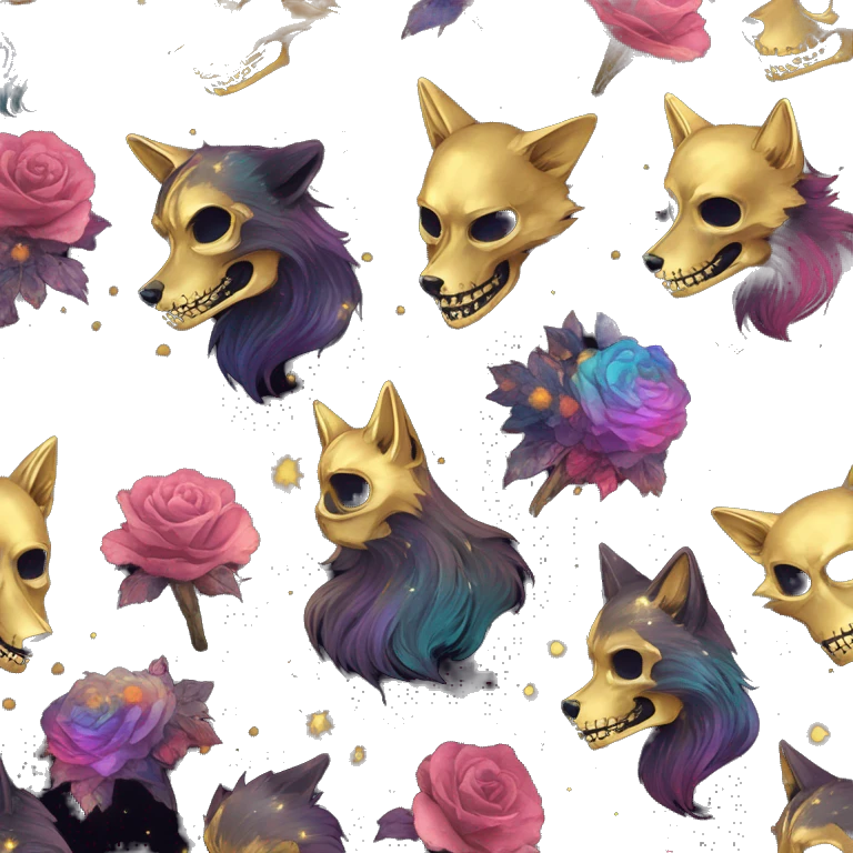 Black iridescent fluffy dog fox head zombie skull skeleton gold mechanical nebula galaxy stars colorful flowers fairy lights vintage emoji