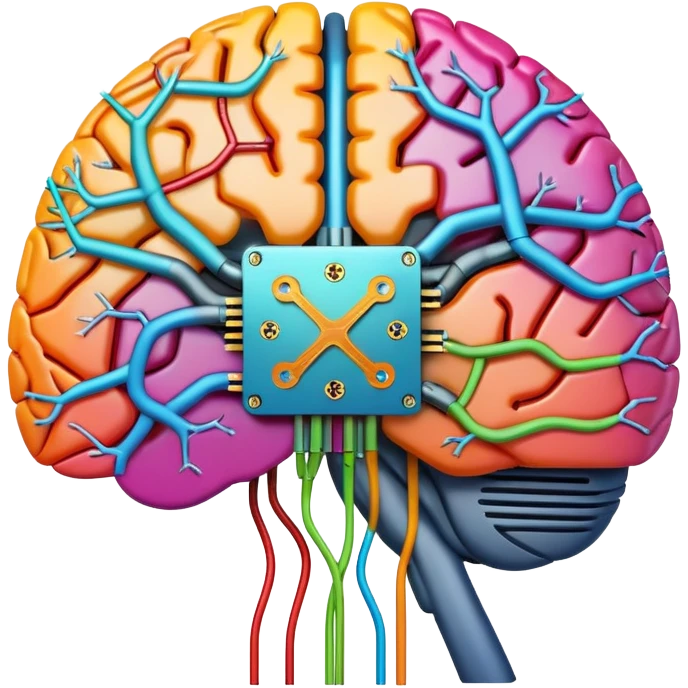 A digital brain with CPU circuitry and colorful neural connections emoji