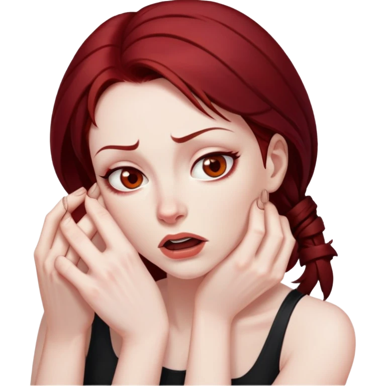 Woman with dark red hair and brown eyes strangling herself emoji