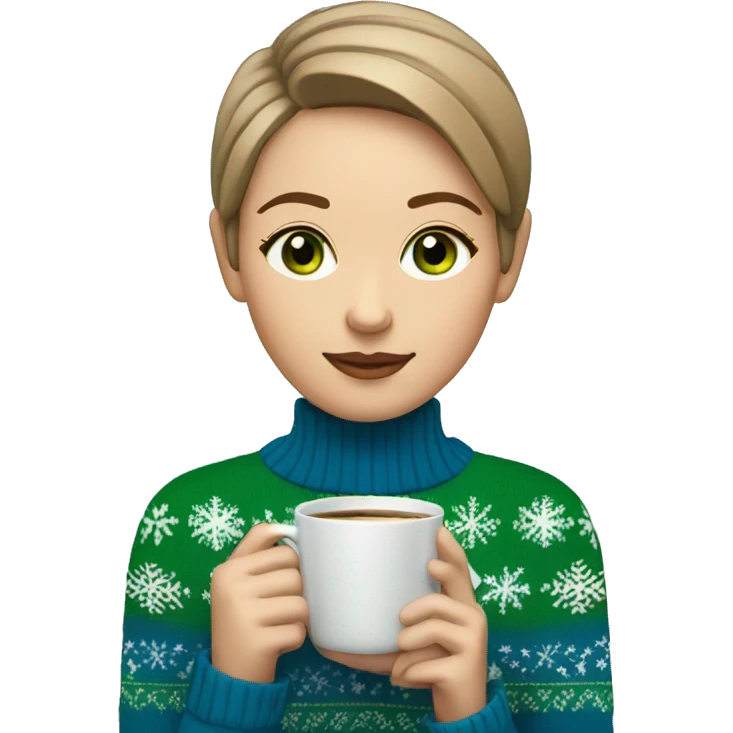 Light brown short haired girl with green eyes drinking coffee wearing blue Christmas sweater emoji