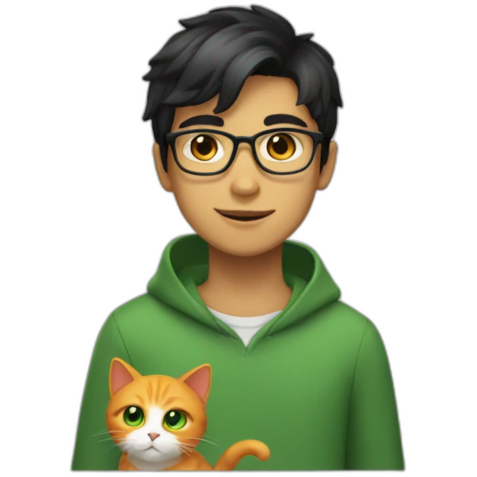 Boy with green eyes, glasses, with black short hair, with Persian orange cat emoji