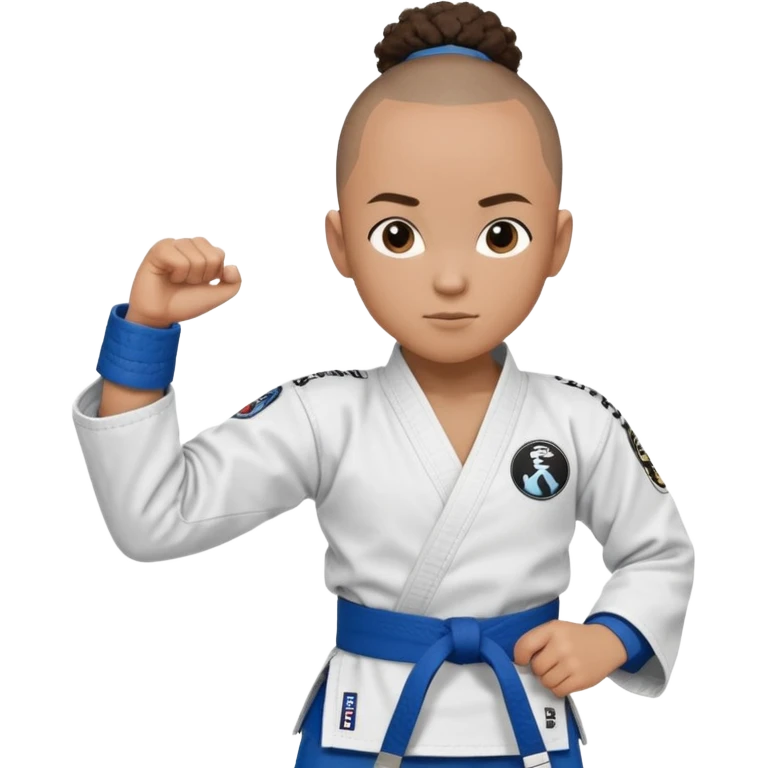 black karate instructor with pony tail afro hair and shaved bald sides haircut, Make the hair brown and the belt blue. Add the roger Gracie academy logo on the go also and the p logo of progress jiu jitsu on the right arm sleeve  at the top emoji