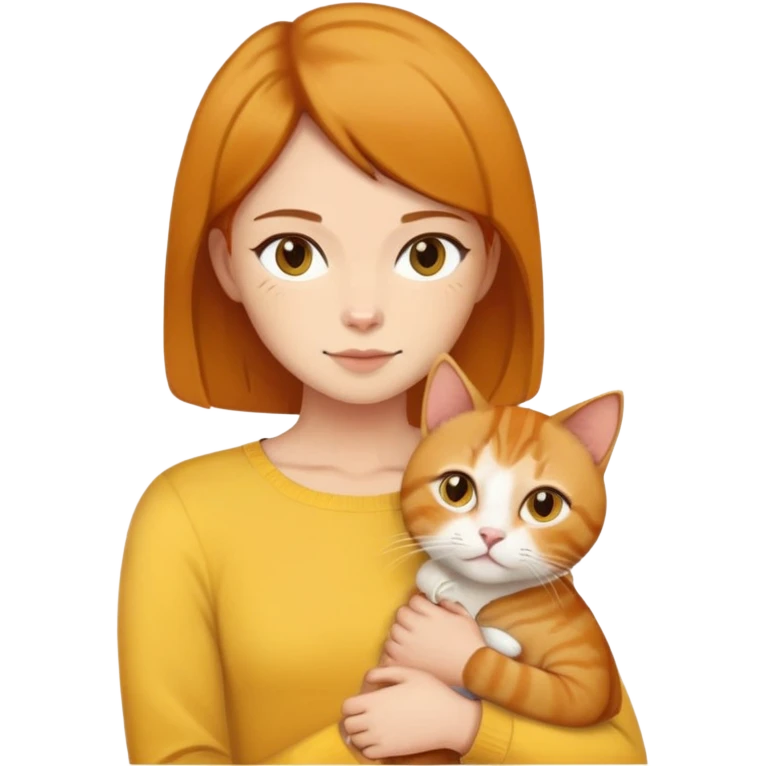Straight short hair ear length in dark brown , skin tone honey . holding one ginger cat and one yellow white cat same size  emoji
