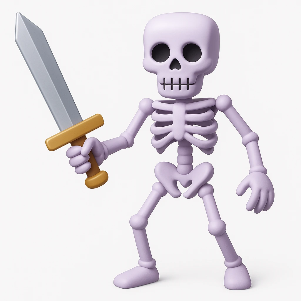 Make the Minecraft skeleton hold a sword in the 3d emoji style emoji