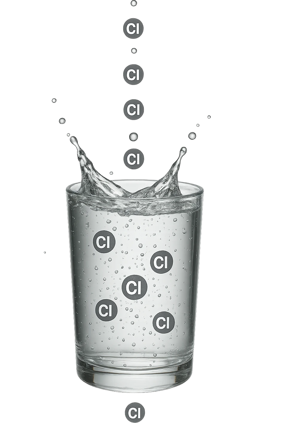un bicchiere di acqua cade verticalmente dall'alto realistico e dettagliato, dentro l'acqua del bicchiere ci sono particelle di cloro ben visibili con la scritta "Cl" sopra, ci sono particelle anche che escono dal bicchiere e fluttuano in aria verticalmente, mentre alcune sono all'interno dell'acqua nel bicchiere, iperrealistico 4k emoji
