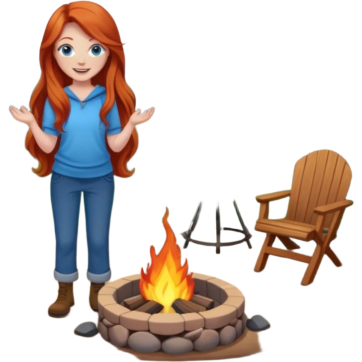 Very Happy redhead with long hair and blue eyes beside fire pit in backyard emoji