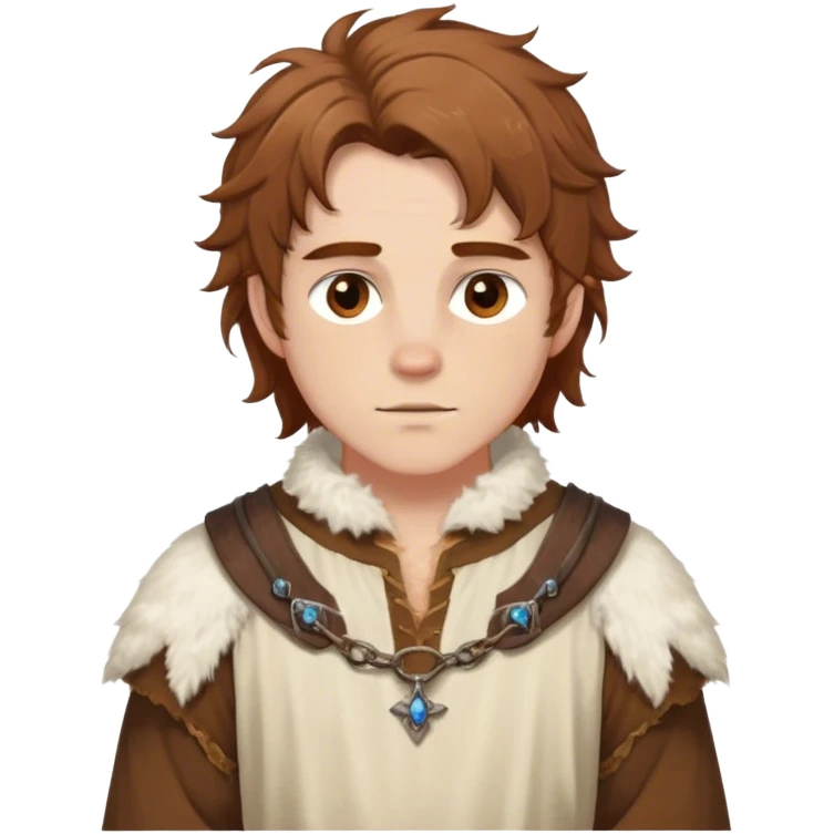 medieval spring outfit worn by a DnD themed fantasy male character. cotton tunic with sleeves rolled to the elbow, featuring a light fur-lined collar for chilly mornings. clothes only above the waist. The clothes full waist. The character's haven't arms. character is white-skinned, chestnut brown hair, amber eyes, shoulder-length messy hair. emoji