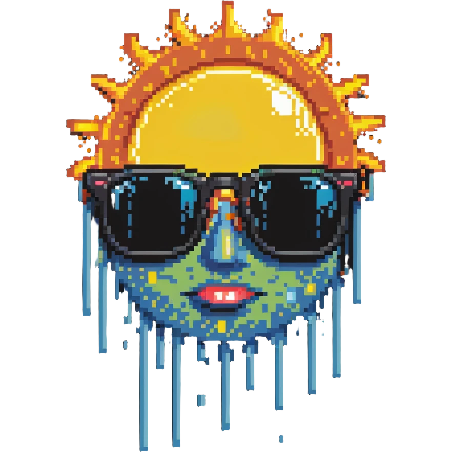 face with sunglasses, sweat drops, sun in background emoji