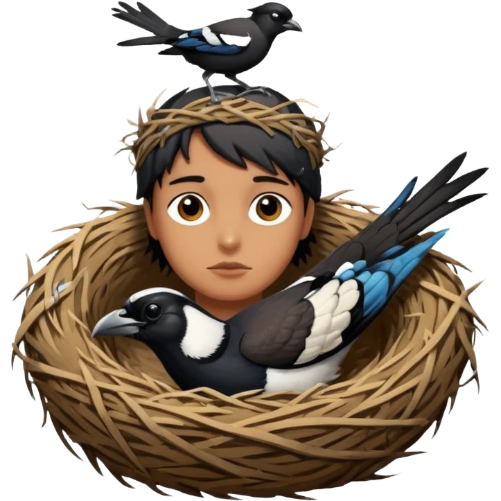 An Australian Magpie, birds nest that is located at the top of a man's head. emoji
