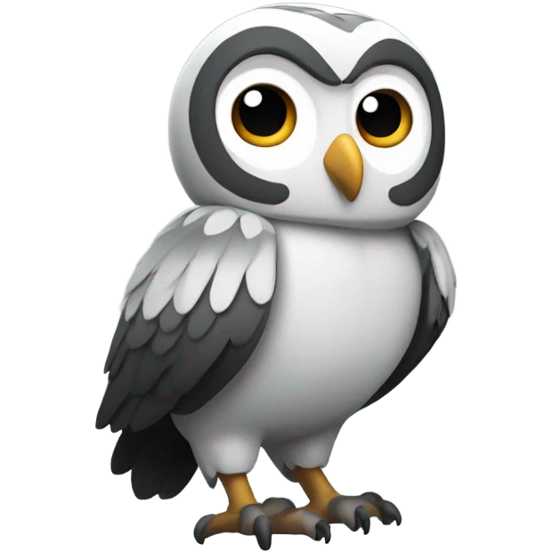 An owl in black, gray, and white colors. Black head, gray back and wings, and white chest. Full-body. emoji
