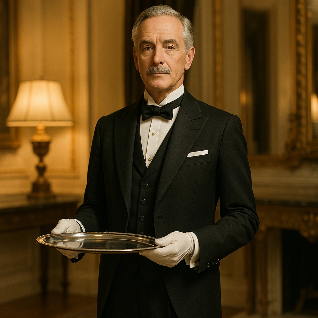 a sophisticated butler, elegant, formal attire, holding a silver tray, in a luxurious setting, refined and detailed, professional and dignified emoji