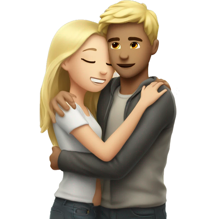 A blond guy hugs a brunette girl at the sea kiss emoji