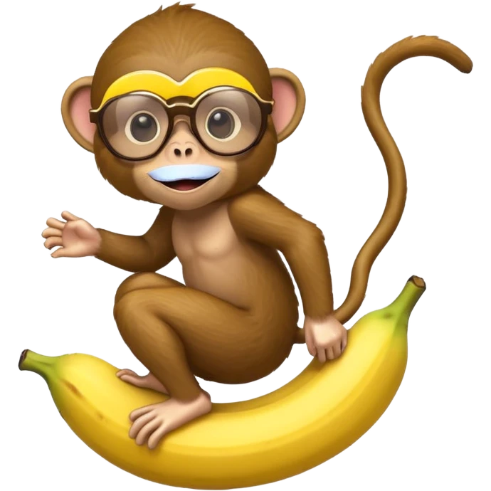 A monkey with cool glasses riding on a banana emoji