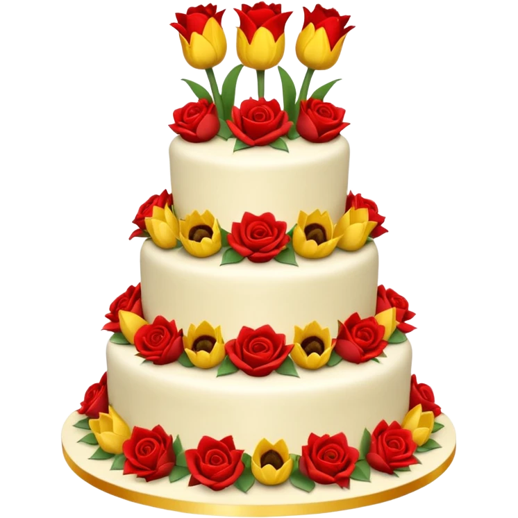 A large three teir cake with first mayer decorated with roses, second with Sunflowers and third with Tulips and Happy Birthday Dear written on top. emoji