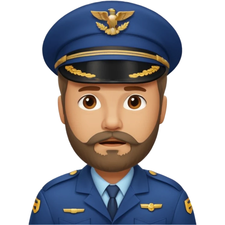 Middle-age, beard, wearing pilot uniform include hat, irritate attitude emoji