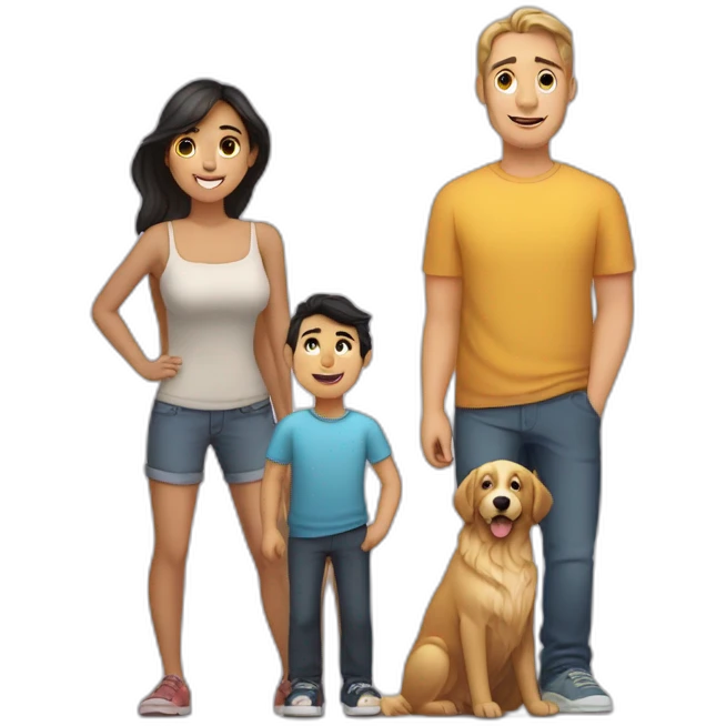 Family; -young skinny Caucasian brunnet dad-, -young Caucasian black haired dad-,-golden retriever- emoji