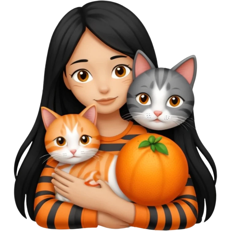 A clean girl with black long hair hugging an orange and a gray cat, both with stripes  emoji