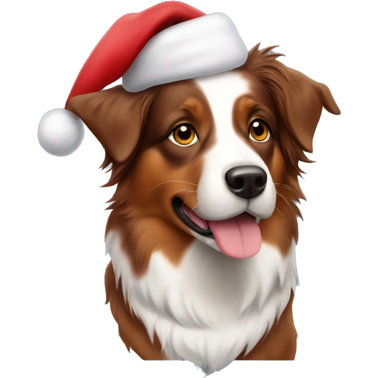 Red tri Australian shepherd wearing a Santa hat emoji