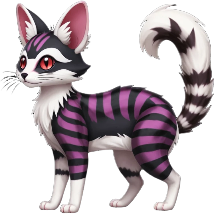 Hyper realistic  void-black fur haunted by crimson neon pulse-lines like living circuitry beautiful elegant pretty precious cute  Fakémon-Pokémon-opossum-feline-serval-caracal-chinchilla-Furret-Minccino-hybrid-creature with a big fluffy bushy tail (full body) emoji