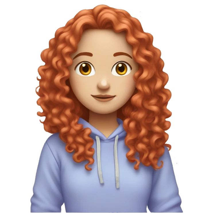 a white girl with long red curly hair, wearing a pastel periwinkle hoodie doing a pose emoji