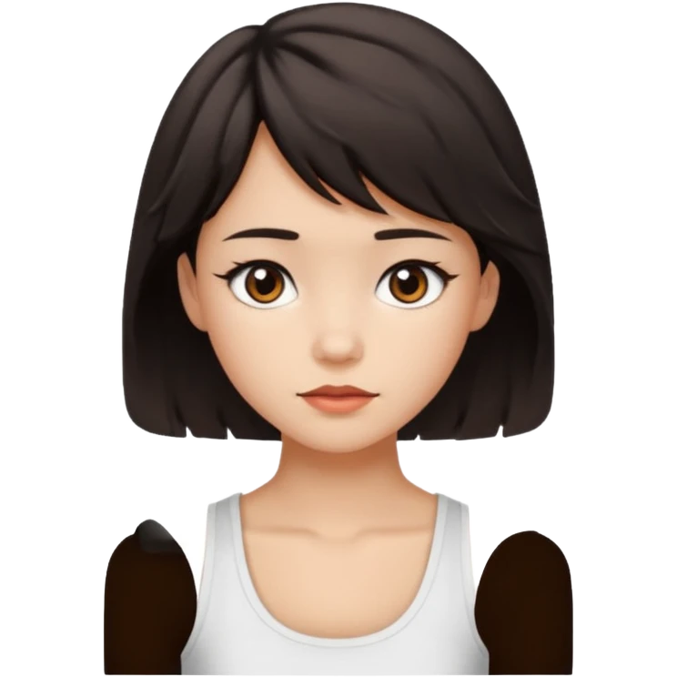 A pretty girl with dark brown eyes and short wavy dark hair with short side bangs and a neutral expression, with chinita skin and a white tank top(not sleeveless)emoji emoji