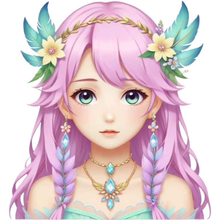 Beautiful gorgeous anime lady with beautiful pastel-special-hair, fashion aesthetic, ethereal, fairycore, pastelcore, feather, flower, crystals, accessories, jewelries, gold, colorful, laurel emoji
