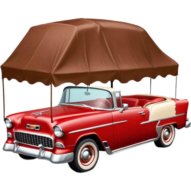 1955 Chevrolet Bel Air Convertible (Red-White color). The doors, bumper, hood and wheels are covered in sticky brown mud, which is clearly visible. Brown liquid mud is pouring out of the bucket from above. Aspect ratio: 1:1 emoji