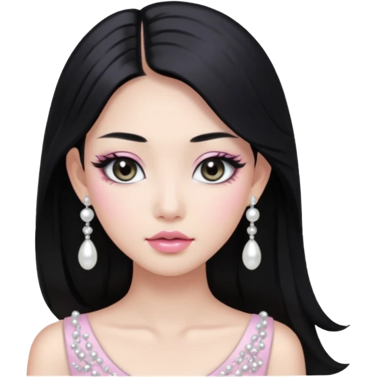 asian long black hair silver grey eyes glossy lips glittery white and light pink eyeshadow girl pearl earrings emoji