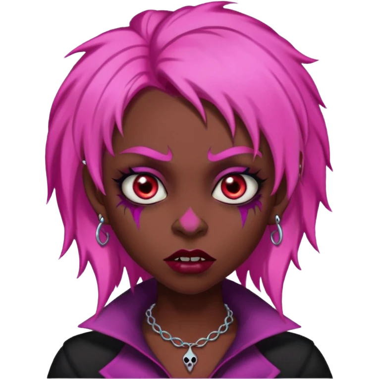girl,darksinvampire, pink hair, very longhair , shaggy, dark, spooky,double eyebrow dermal piercing, creepy expression emoji