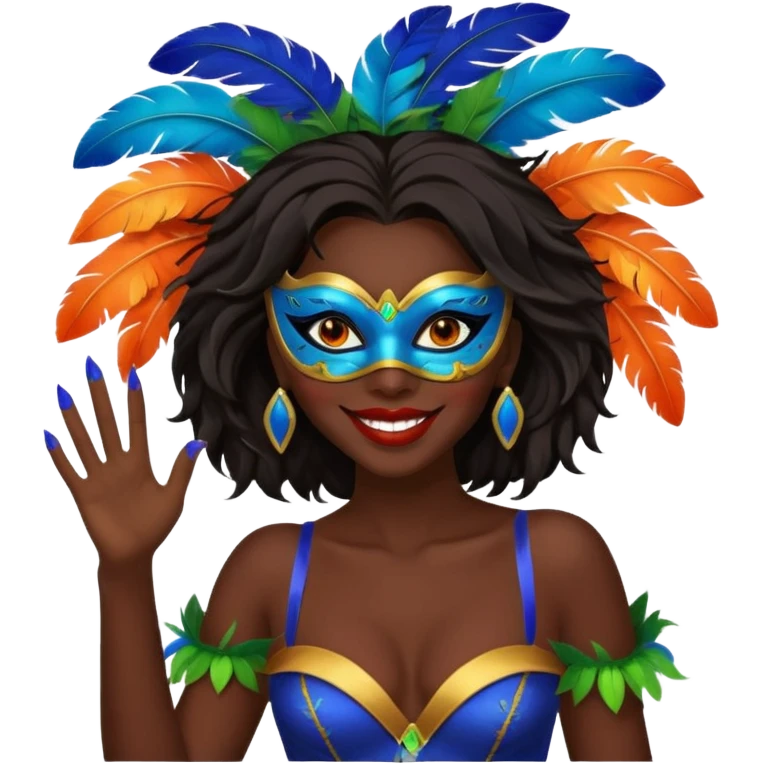 i need the same girl in "dark skin girl, dark red lipstick, nails very beautiful" to be smiling in "carnival mas costume, blue, green and orange preferably, full costume feathers at the back" she is to be smiling, hair should be dark shoulder length, black nail polish on her fingers  emoji