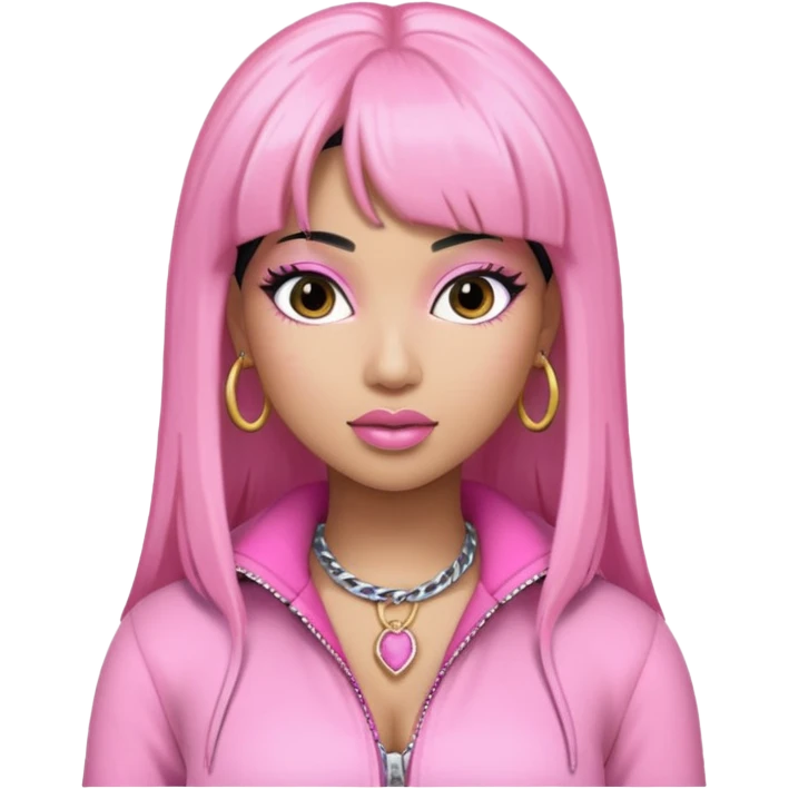 Nicki Minaj black hair with pink highlights, pink outfit emoji