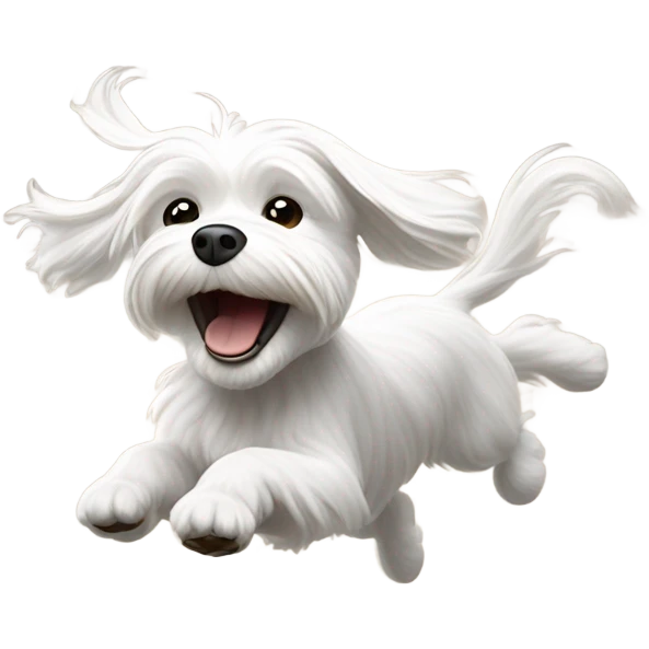 Pixar-style Maltese dog joyfully jumping in mid-air, with a playful expression and motion lines emphasizing its movement, set against a minimalistic background, emoji-style. emoji