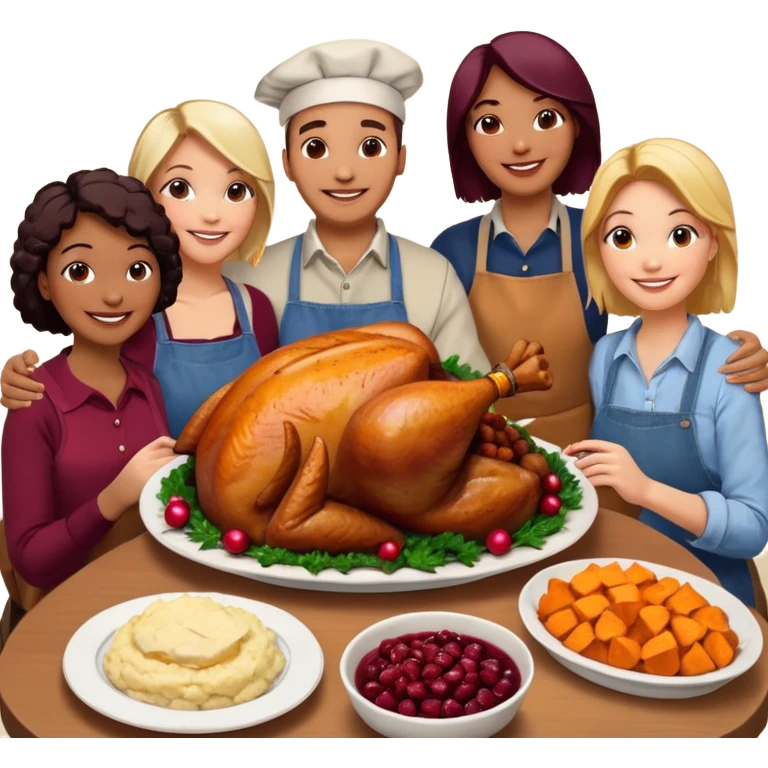 Thanksgiving Dinner with 6 friends of all different races around the table; have the food be a cooked turkey, mashed potatoes, corn, a basket of biscuits, a small bowl of cranberry sauce, baked yams, steamed vegetables, and a bottle of wine. emoji