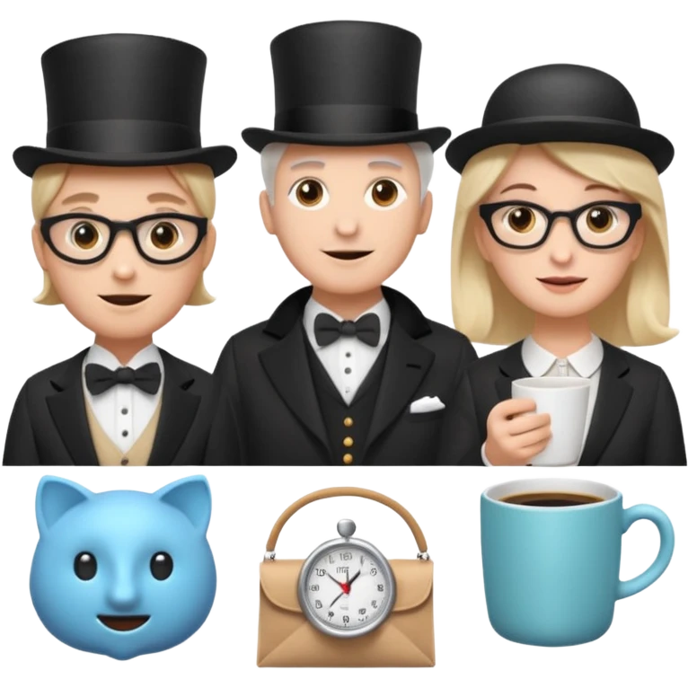 6 icons in a 2×3 grid, soft 3D emoji style, pastel colors, equal spacing, white background:
1) speech bubble
2) theatre masks
3) dynamic stopwatch
4) house + coffee + shopping bag
5) English gentleman
6) female support agent with headset
 emoji