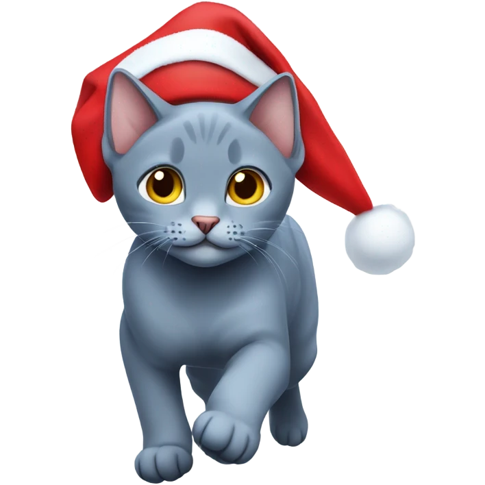 Running Russian blue cat wearing a Santa hat  emoji