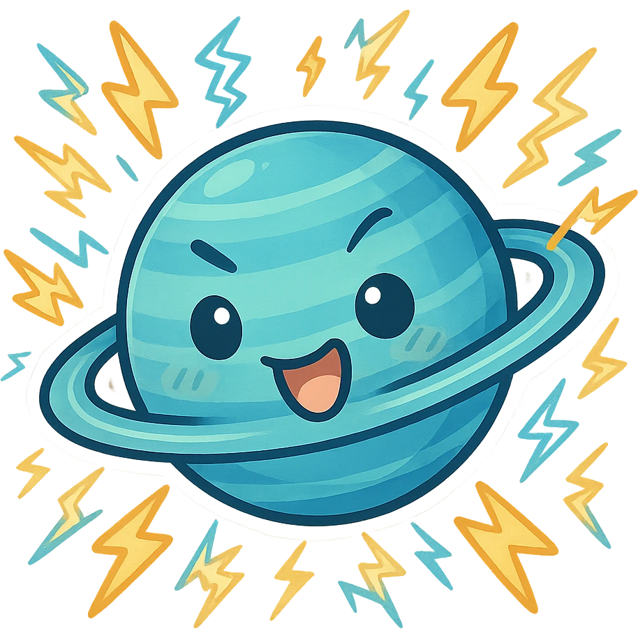 Uranus planet emoji with a quirky face, blue-green hues, dynamic rings, electric sparks and lightning, embodying chaos and sudden change emoji