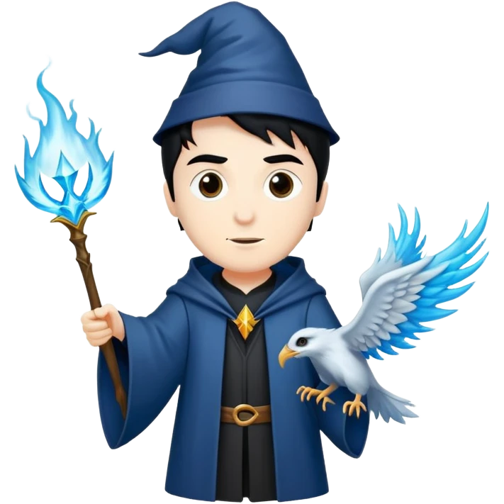 Generate a white skin, black hair wizard from gryffindor, harry potter universe, with his Phoenix patronus emoji