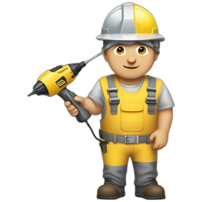 Middle-aged man, dressed in a yellow engineer helmet and gray overalls, holding an electric tool. emoji