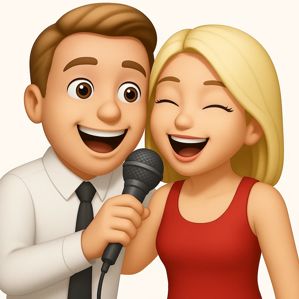 Combine the two emoji characters from the references into one lively and fun scene where they are singing karaoke together, holding a microphone, with joyful expressions. Keep the style consistent with emoji style. emoji