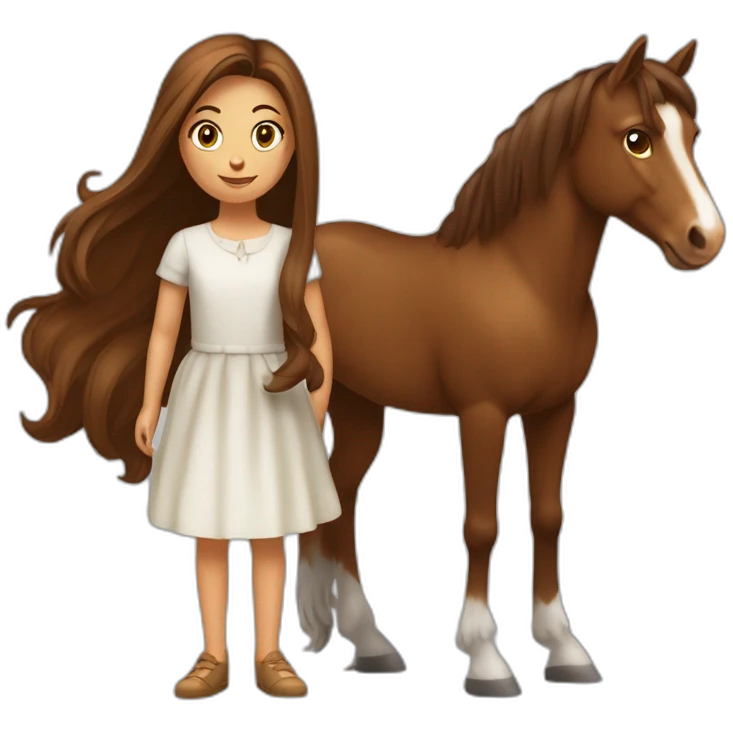 Un cheval marron avec une fille à côté qui a les cheveux brun et assez long  emoji