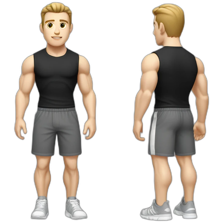 Pale skinned Fit Man With the biceps and dark brown hair in black shirt, gray sports shorts and white Sneakers emoji