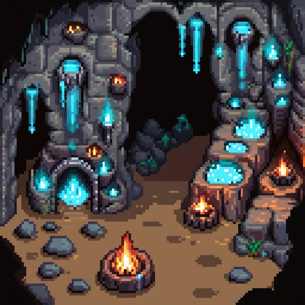 cave dungeon with torches, stalactites, and glowing crystals emoji