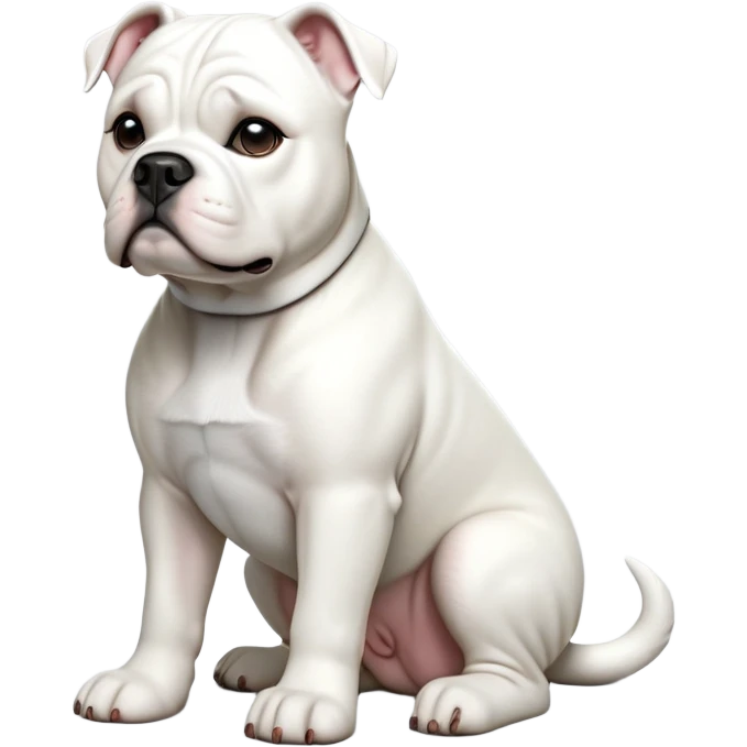 cinematic-[solid white american bulldog]-realistic-full-body-sitting-emoji,-tail-resting-loosely-beside-its-paws,-head-tilted-dramatically,-sleek-[solid white]-fur,-simplified-yet-realistic-focused-features,-highly-detailed,-glowing-with-an-almost-sarcastic-glow emoji