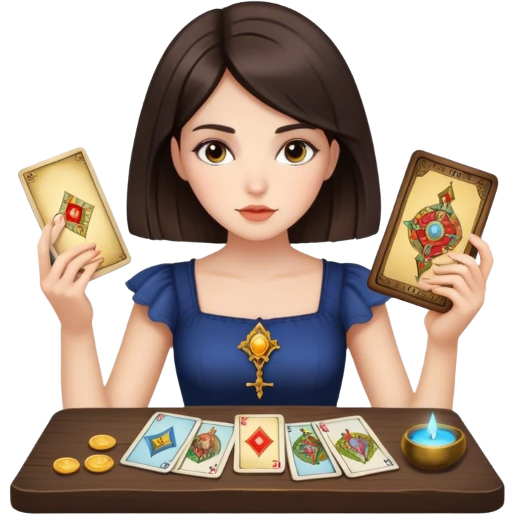 a brunette girl with a square hairstyle, reading tarot cards emoji